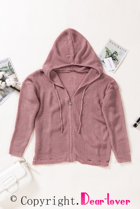Zipper V-Neck Dropped Sleeve Hooded Solid Sweater